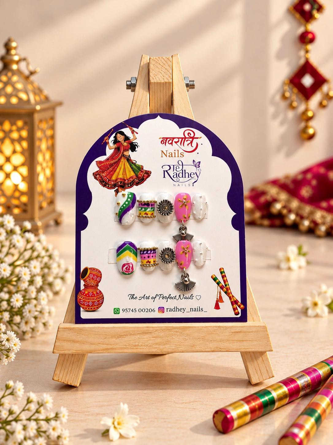 Navratri Traditional Multicolor Press-On Nails With Spiner | Handmade Festive Nail Art Set | Designer Reusable Nails