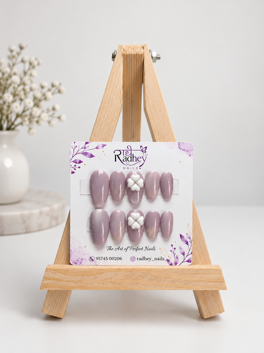 Lavender Pearl Flower Press-On Nails – Elegant Glossy Handmade Nail Set
