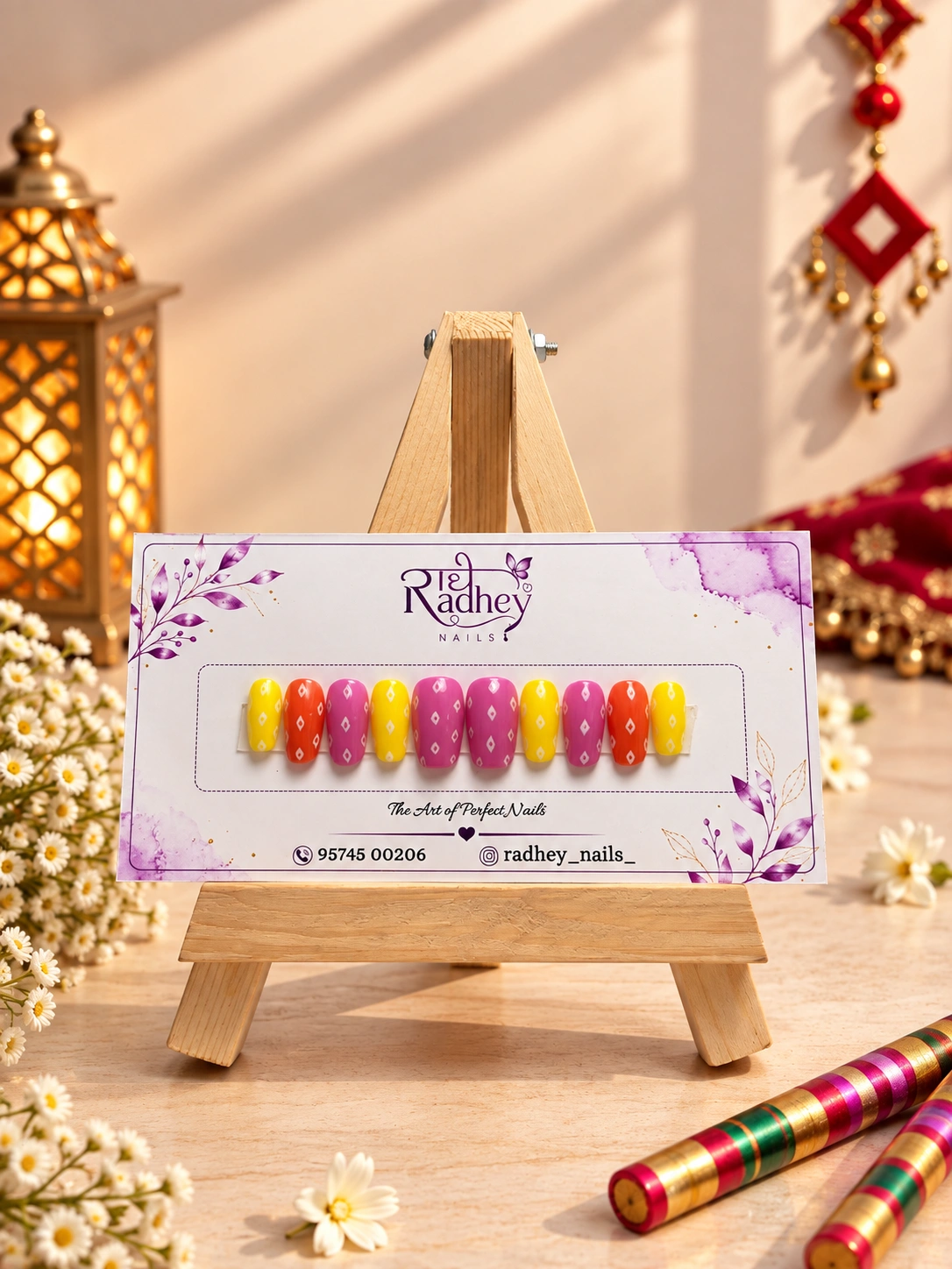 Vibrant Multicolor Traditional Press-On Nails | Handmade Festive Nail Art Set | Designer Reusable Nails