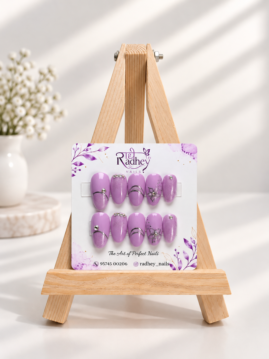 Lavender Shimmer Embellished Press-On Nails – Elegant Rhinestone & Floral Nail Art