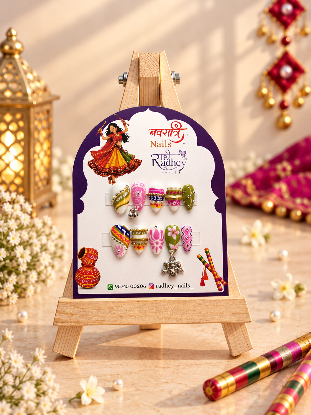 Navratri Multicolor Hand-Painted Press-On Nails | Traditional Festive Nail Art Set | Handmade Reusable Designer Nails