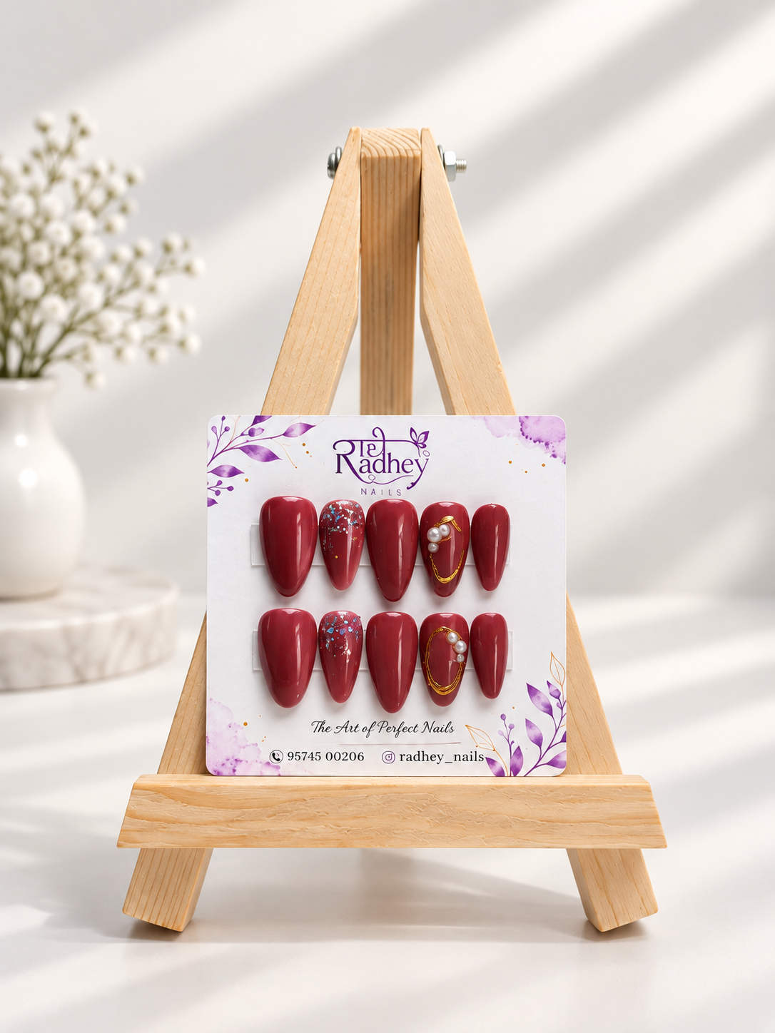 Ruby Red Pearl Embellished Press-On Nails – Glamorous Gold Chain & Glitter Nail Art