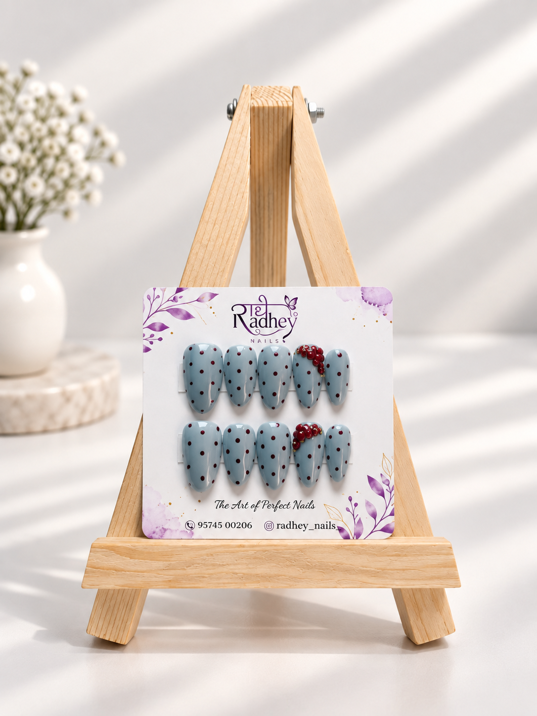 Baby Blue & Red Polka Dot Press-On Nails – Cute Bow Embellished Nail Art