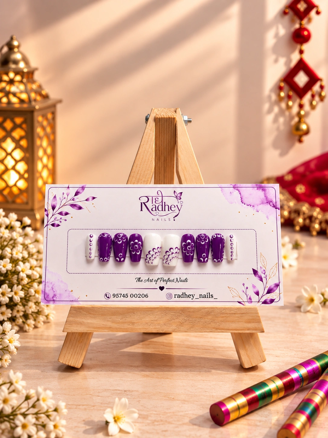 Hot Pink & White Festive Press-On Nails | Handmade Navratri Nail Art Set | Designer Reusable Nails
