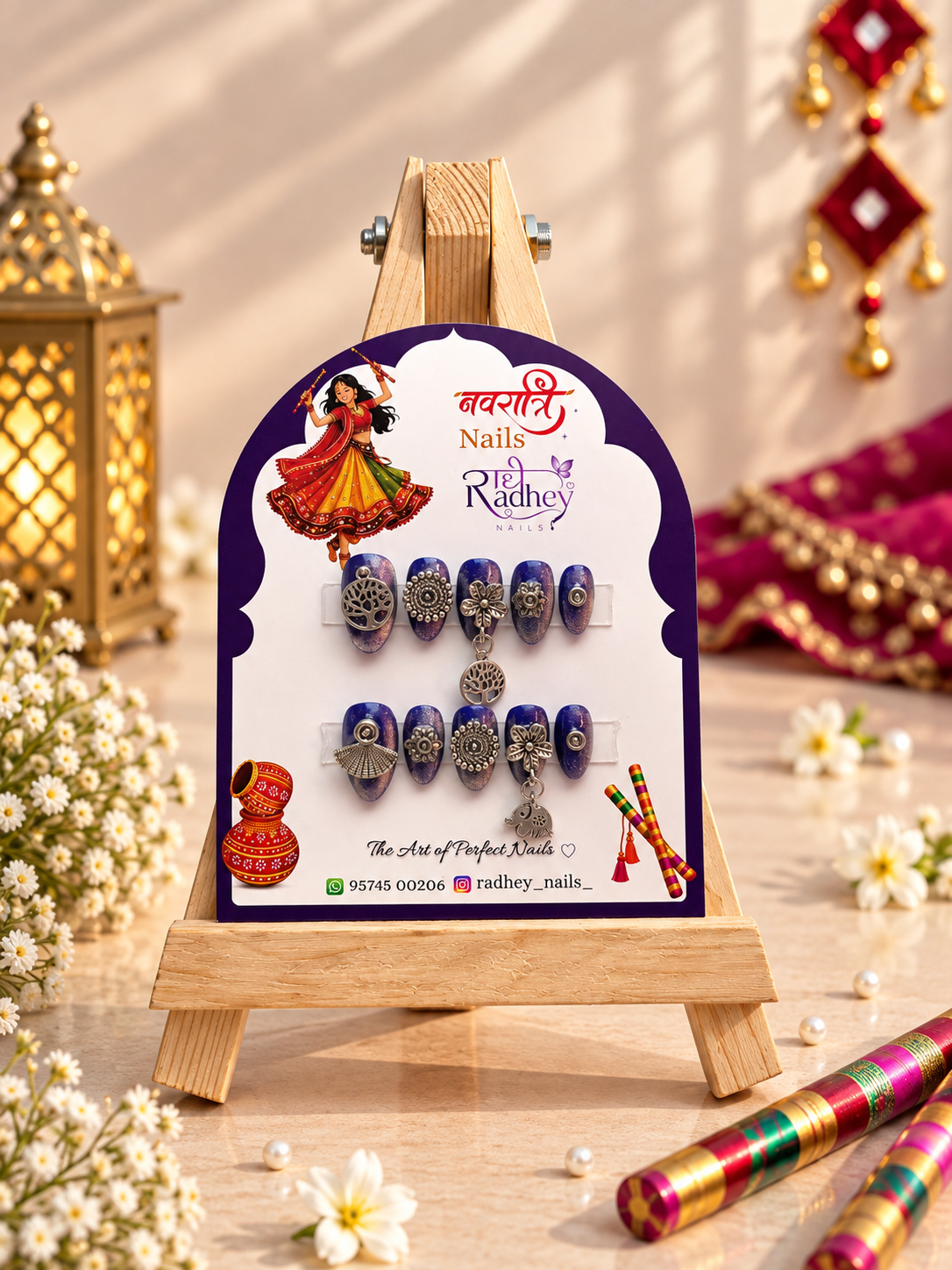 Royal Blue Embellished Press-On Nails | Handmade Designer Nail Art Set | Reusable Festive Nails for Women