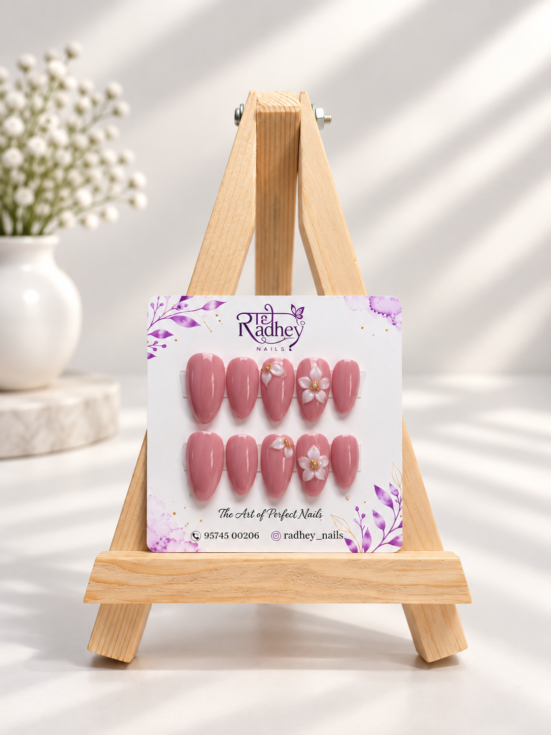 Blush Pink Floral Press-On Nails – Elegant 3D Flower Embellished Nail Art