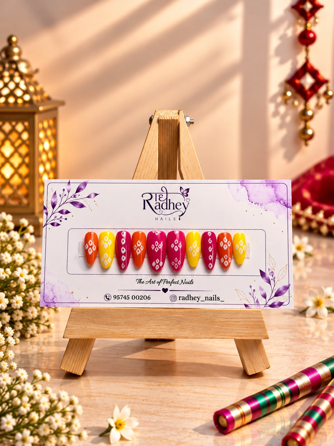 Navratri Special Multicolor Traditional Press-On Nails – Handcrafted Festive Nail Art