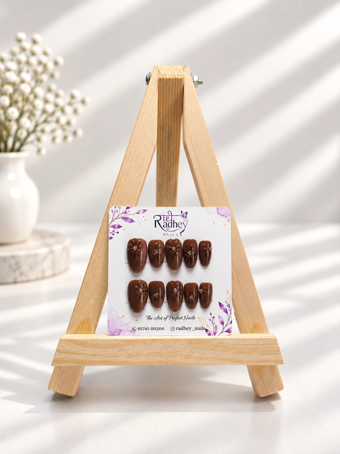 Chocolate Brown Press-On Nails – Elegant Glossy Bow & Rhinestone Embellished Nail Art
