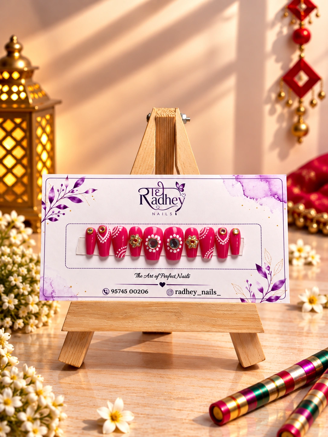 Hot Pink & Gold Embellished Press-On Nails – Festive Traditional Nail Art