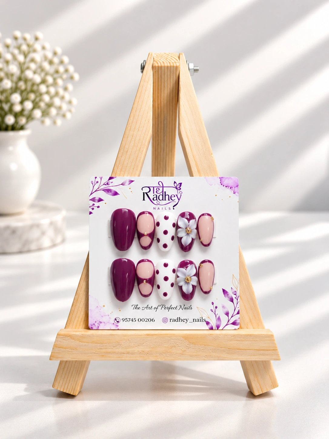 Burgundy & Blush Floral Press-On Nails – Elegant Polka Dot & 3D Flower Nail Art