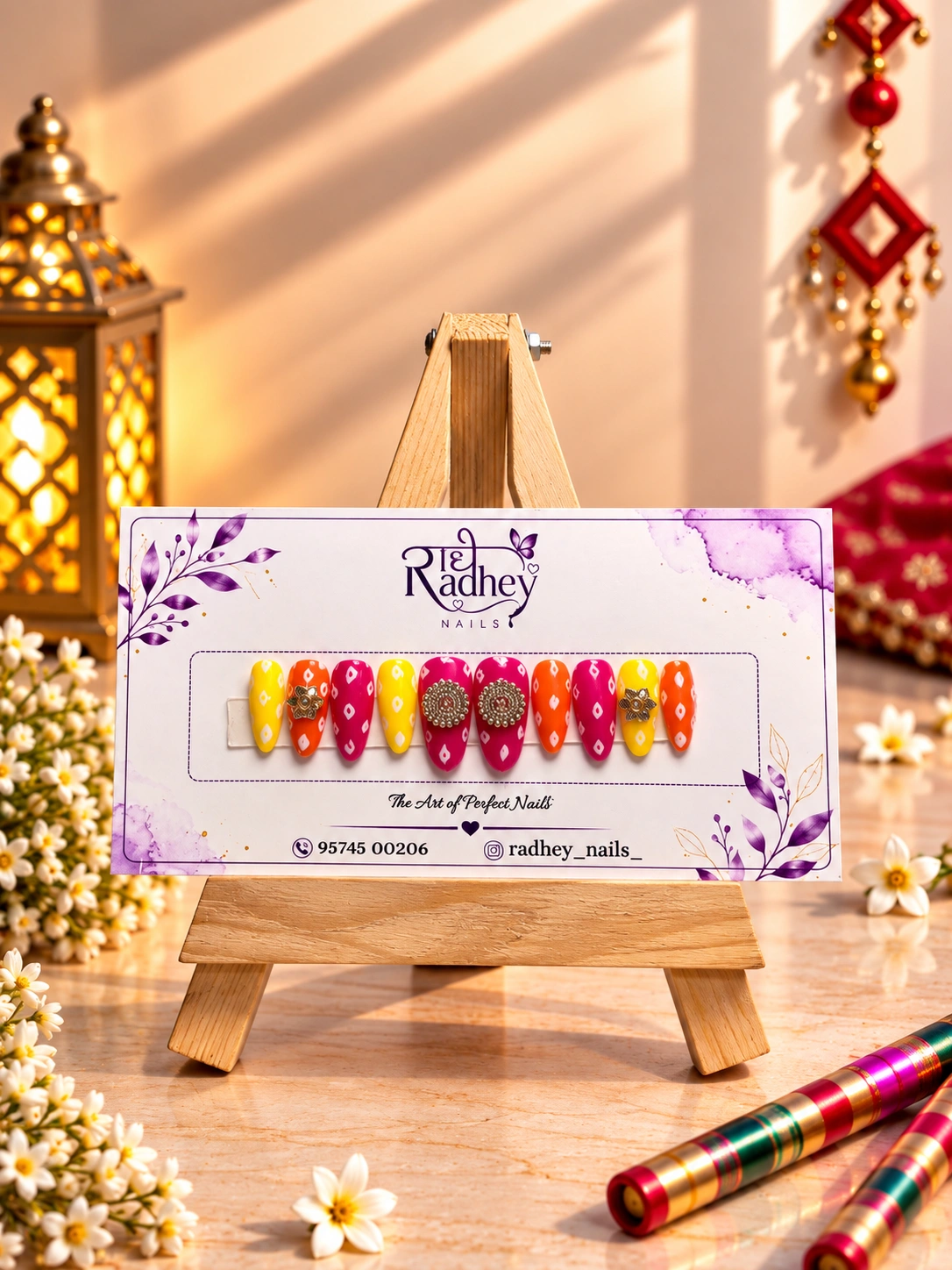 Yellow, Pink & Orange Navratri Press-On Nails – Traditional Festive Nail Art with Embellished Details