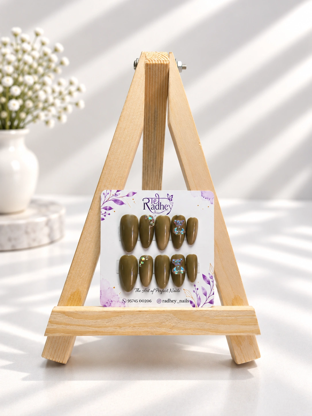Olive Brown Butterfly Embellished Press-On Nails – Glossy Floral-Inspired Statement Nail Art
