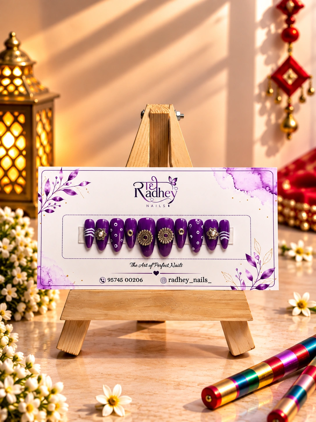 Royal Purple & Gold Embellished Press-On Nails – Traditional Festive Nail Art