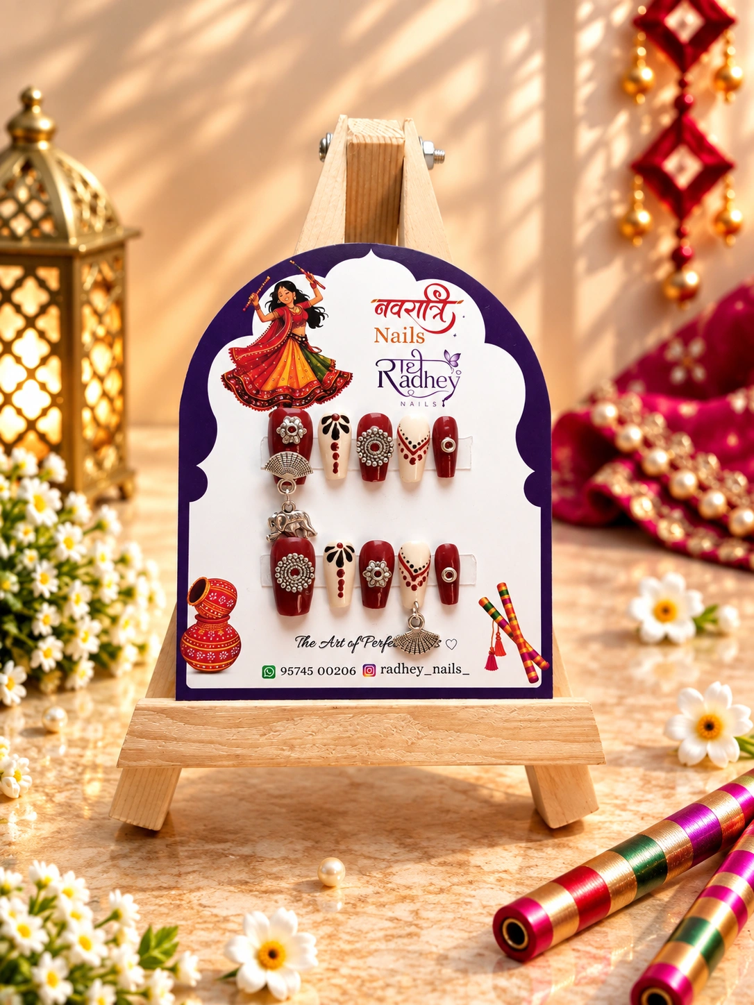Maroon & White Traditional Press-On Nails | Handmade Festive Nail Art Set | Designer Reusable Nails