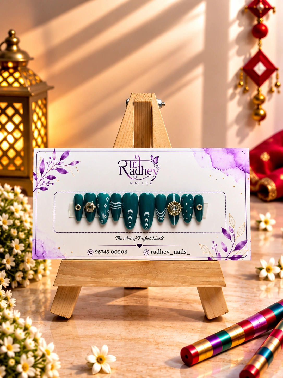Teal Green & Gold Embellished Press-On Nails – Elegant Traditional Festive Nail Art