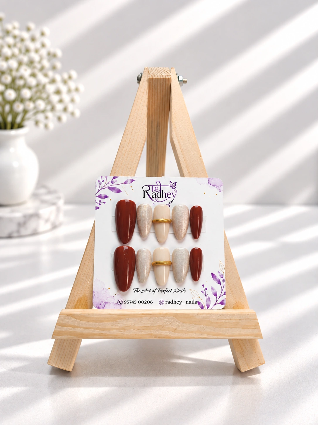 Burgundy & Champagne Press-On Nails – Elegant Gold Band Accent Nail Art