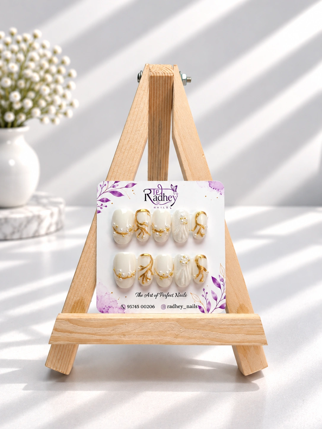 Ivory & Gold Embellished Press-On Nails – Elegant Pearl & Metallic Luxe Nail Art