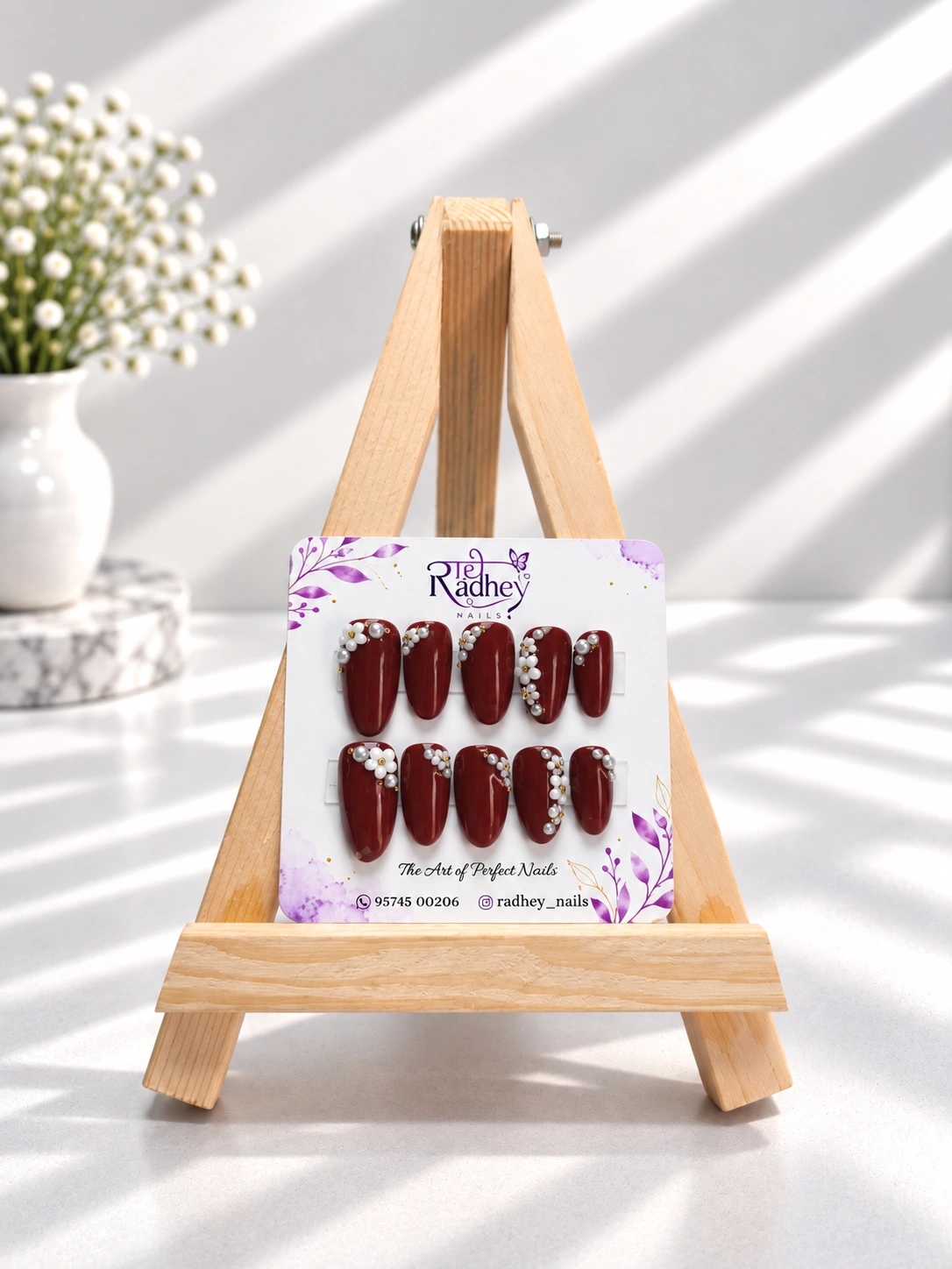Burgundy Pearl & Gold Embellished Press-On Nails – Elegant Floral Luxe Nail Art