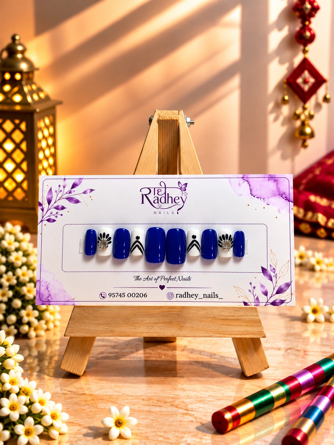 Royal Blue & White Embellished Press-On Nails – Elegant Traditional Festive Nail Art