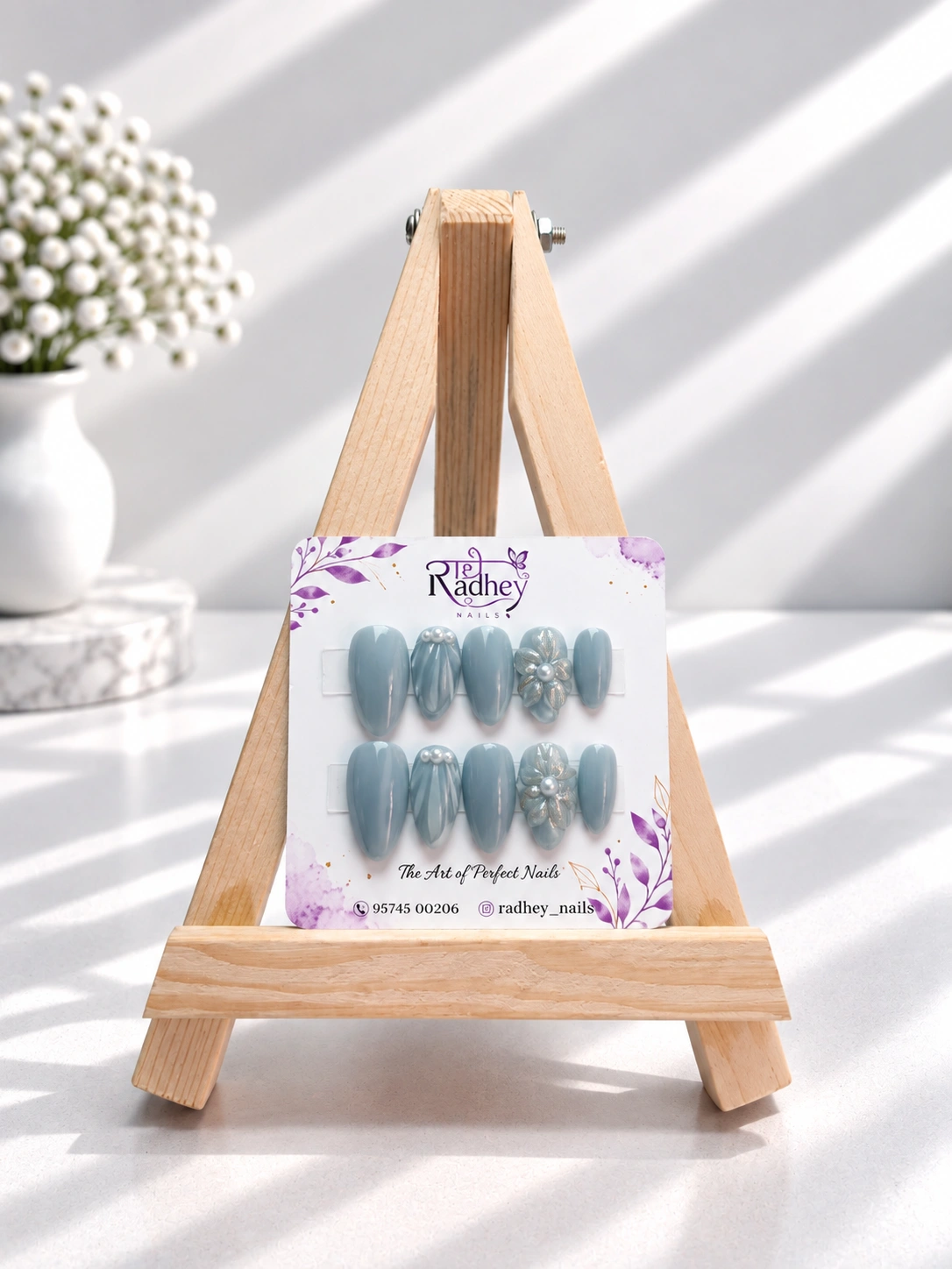 Powder Blue Pearl Embellished Press-On Nails – Elegant Floral 3D Nail Art