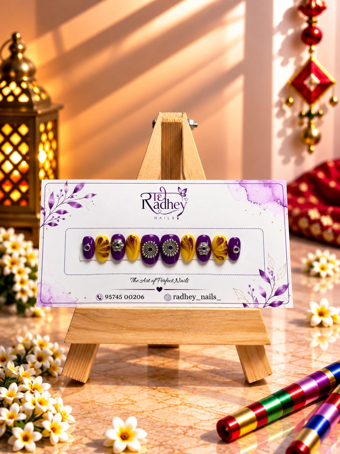 Purple & Golden Swirl Press-On Nails – Royal Festive Embellished Nail Art