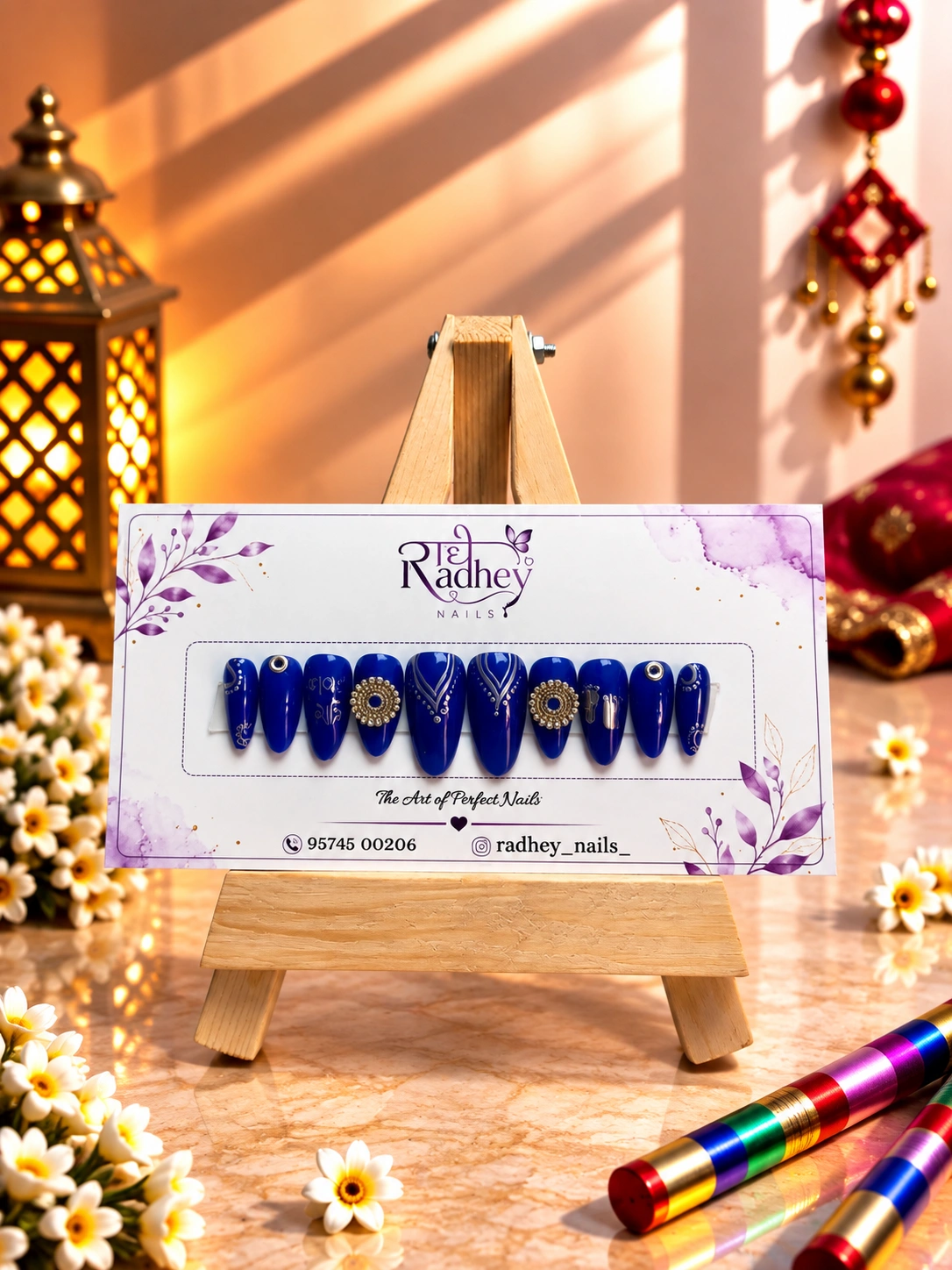 Royal Blue & Gold Embellished Press-On Nails – Elegant Traditional Festive Nail Art