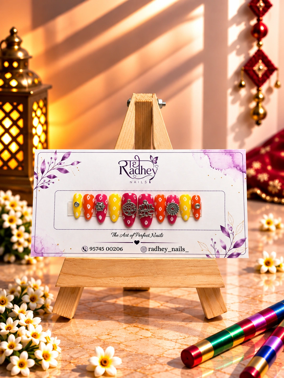 Vibrant Pink, Orange & Yellow Press-On Nails – Festive Traditional Embellished Nail Art