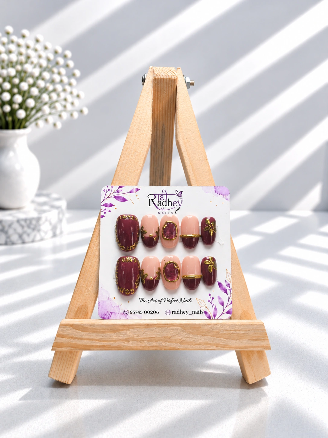 Burgundy & Blush Embellished Press-On Nails – Vintage Gold Filigree & Luxe Floral Nail Art