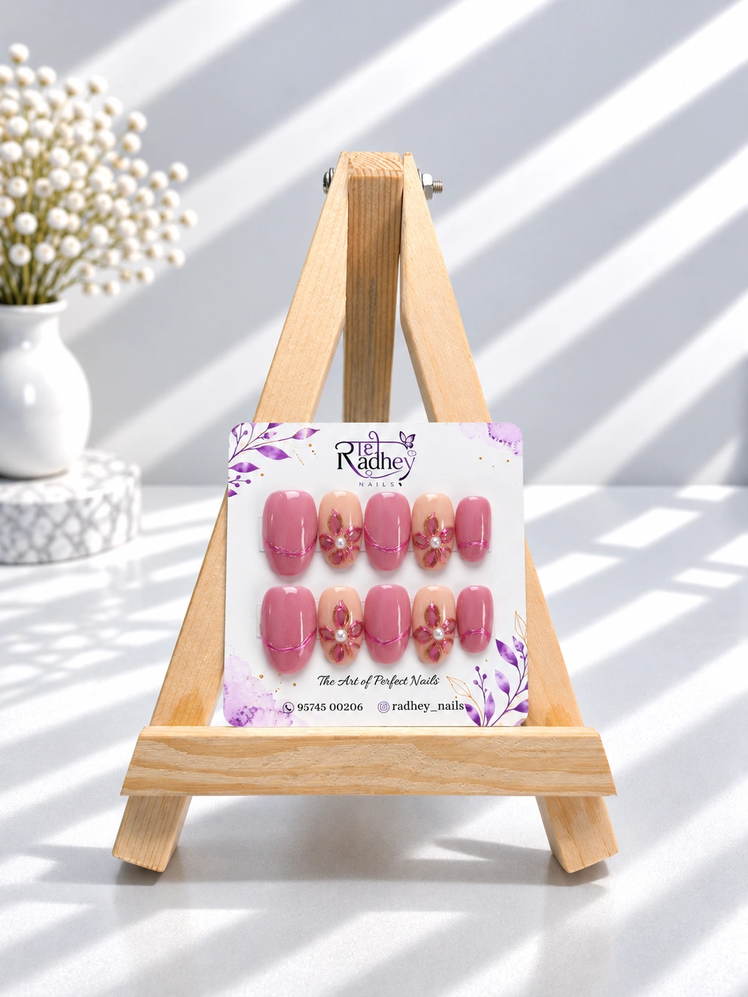 Rose Pink & Gold Floral Press-On Nails – Elegant Metallic Petal & Pearl Nail Art