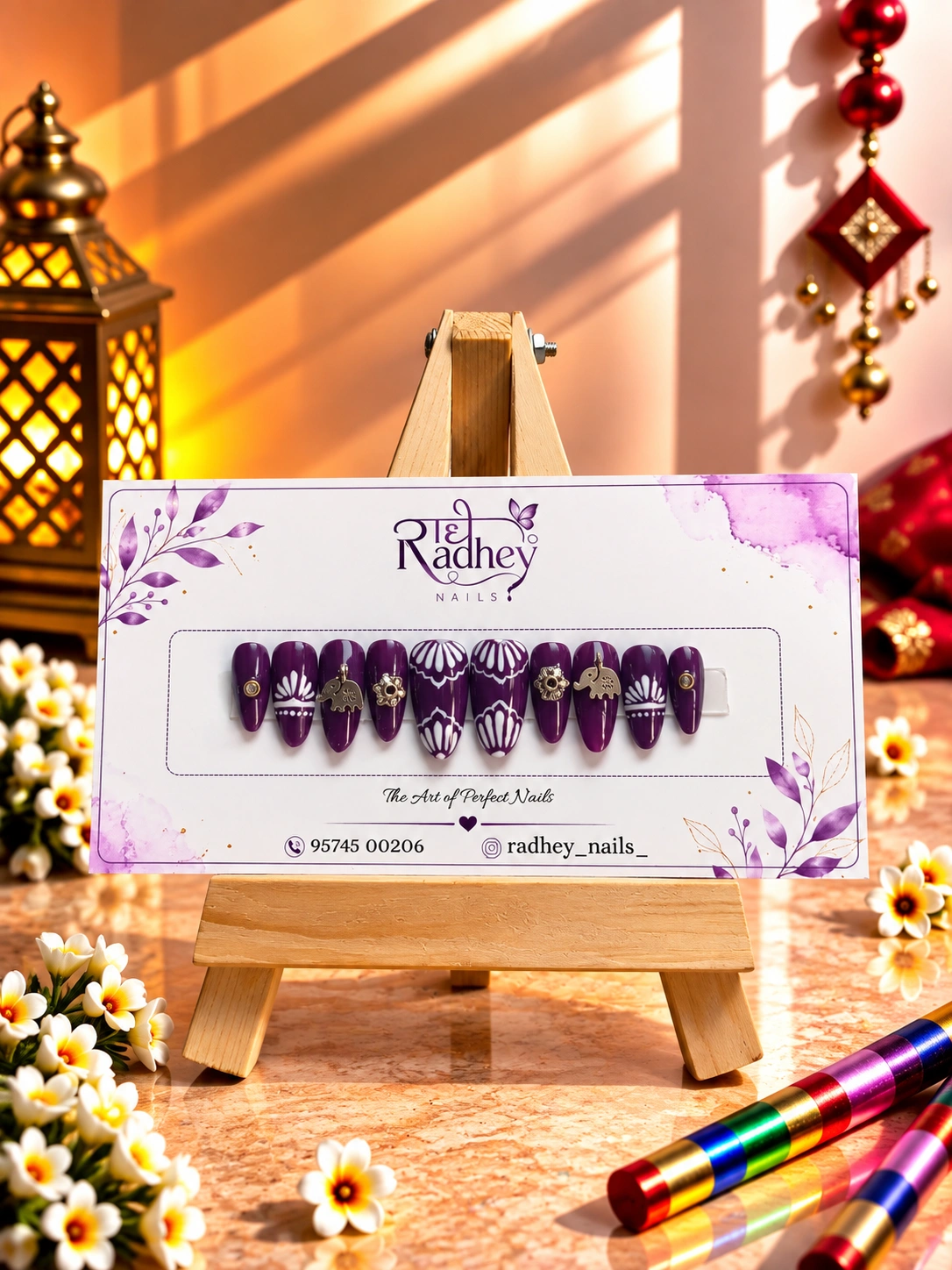 Royal Purple Embellished Press-On Nails – Traditional Gujarati-Inspired Festive Nail Art