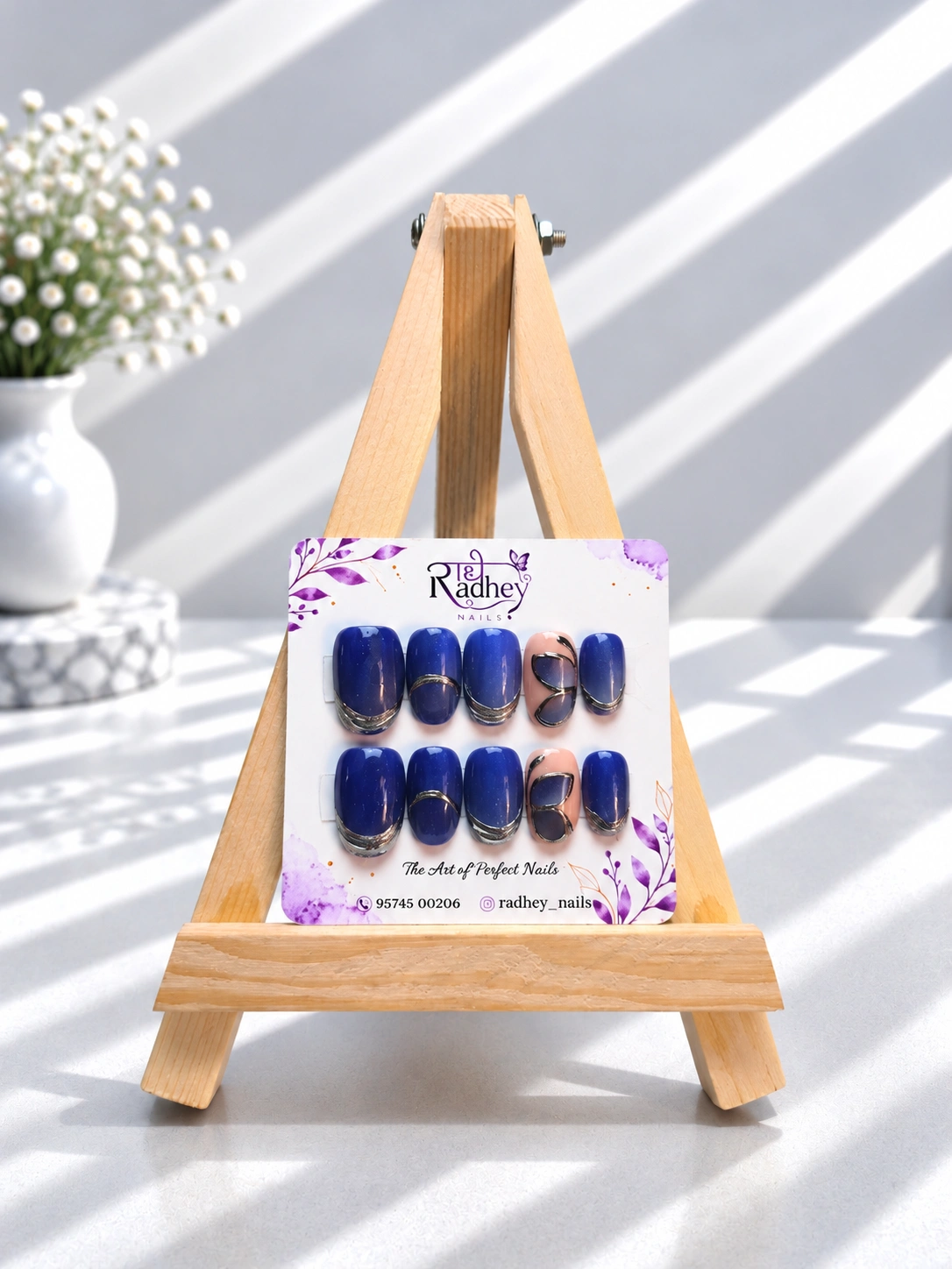 Navy Blue & Silver Press-On Nails – Elegant Metallic Accent & Contemporary Luxe Nail Art