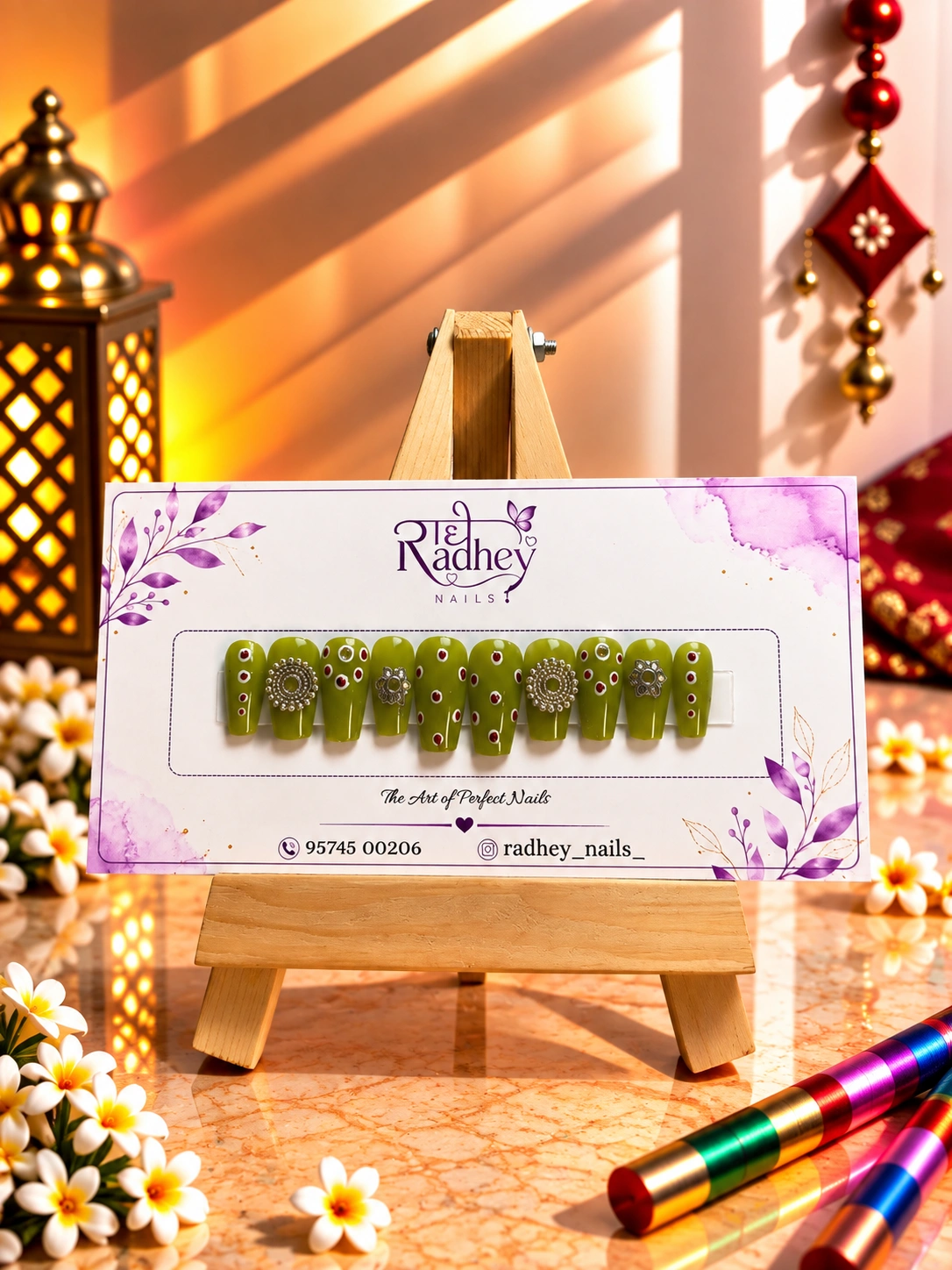 Olive Green Embellished Press-On Nails – Traditional Indian Festive Nail Art with Mirror-Style Detailing
