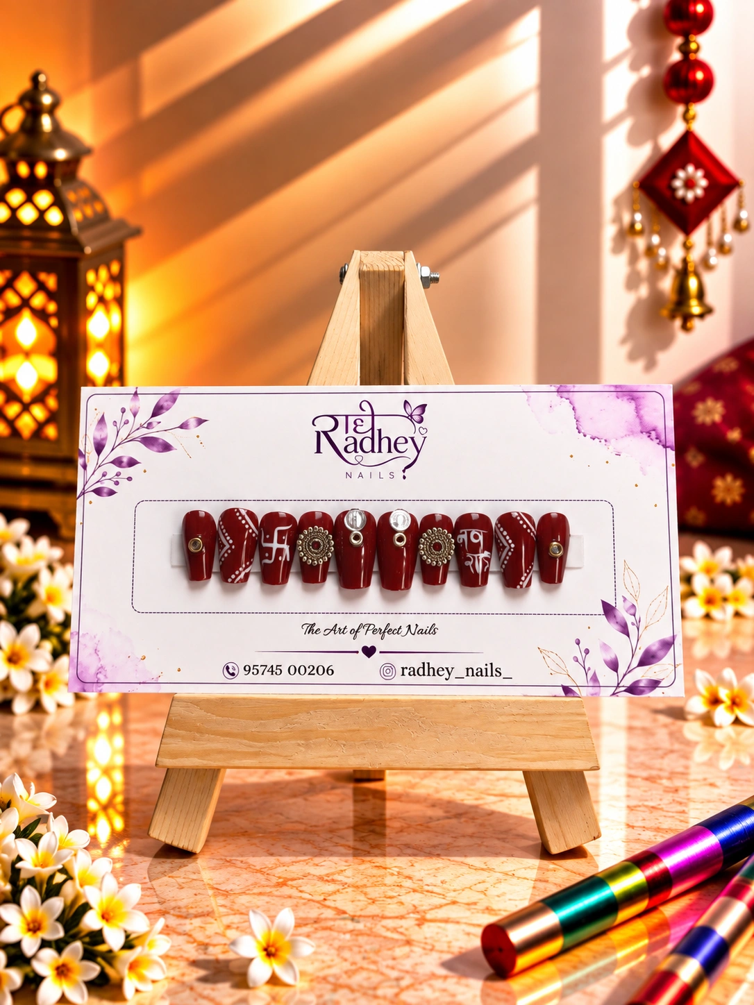 Maroon Embellished Press-On Nails – Traditional Indian Festive Nail Art with Intricate Ethnic Detailing