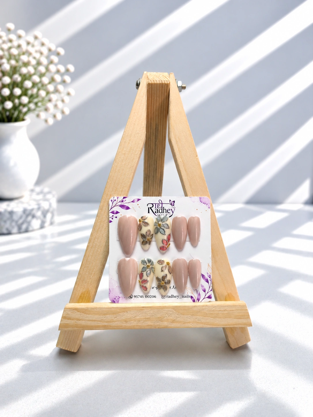 Blush Nude Floral Embellished Press-On Nails – 3D Petal & Gold Accent Nail Art