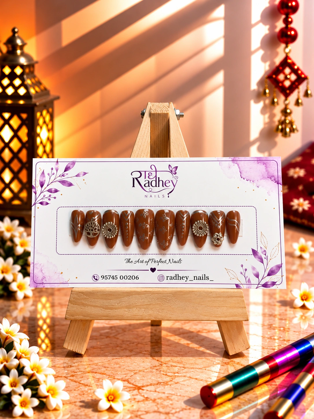 Chocolate Brown Embellished Press-On Nails – Traditional Indian Festive Nail Art with Intricate Metallic Detailing