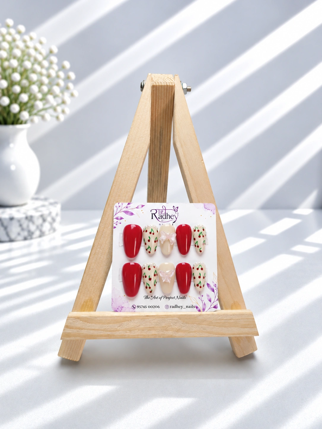Red & Cream Cherry Bow Press-On Nails – Cute Festive Cherry & 3D Bow Nail Art