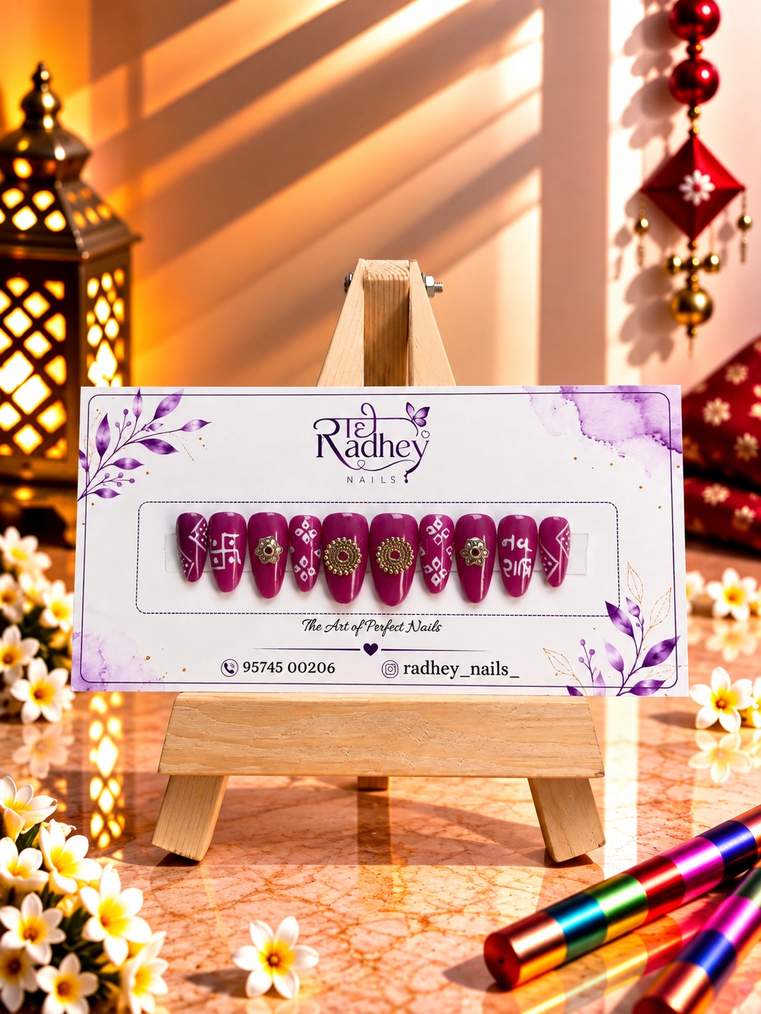 Pink & Gold Embellished Press-On Nails – Traditional Gujarati-Inspired Festive Nail Art