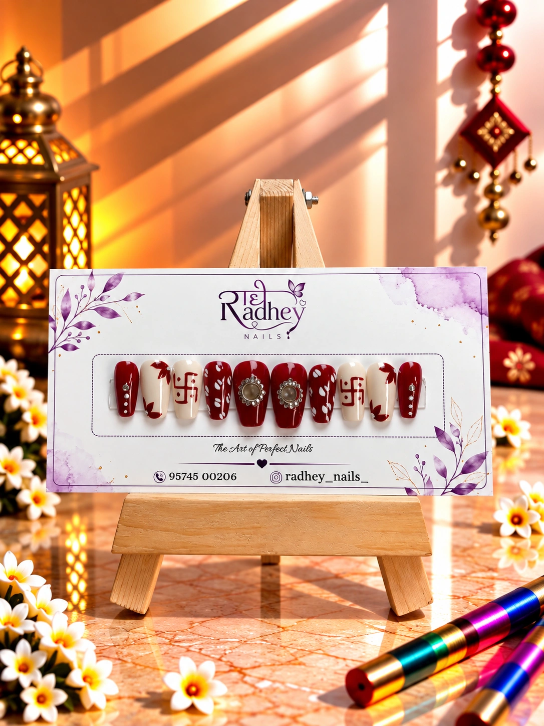 Maroon & Ivory Embellished Press-On Nails – Traditional Swastik-Inspired Festive Nail Art
